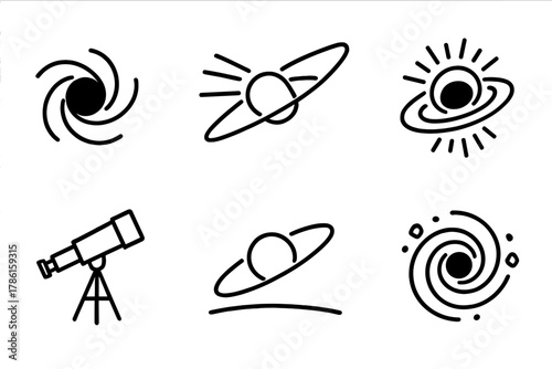 Black Hole Icons. Line style icons of Black Hole: Cosmic Gravity, Event Horizon, Accretion Stream, Singularity Glow, Telescope,