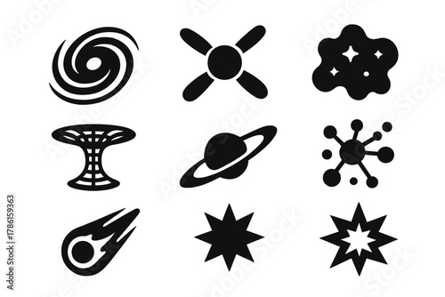 Cosmic Icons Collection. Solid style icons of Cosmic Mysteries: black hole, pulsar, nebula, dark matter, wormhole, quasar, comet,