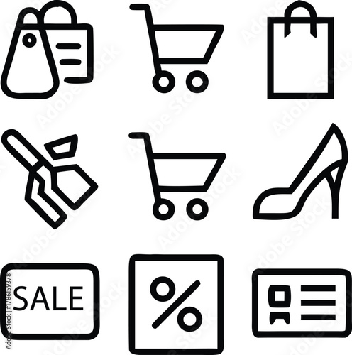 Set of simple black line shopping icons sale and discount e commerce package with offer vector design