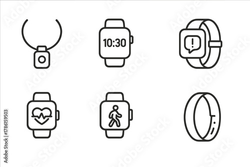 Wearable Tech Icons. Line style icons of Wearable Tech: Wearable Device, Smartwatch, Health Tracking, Notification, Heart Rate