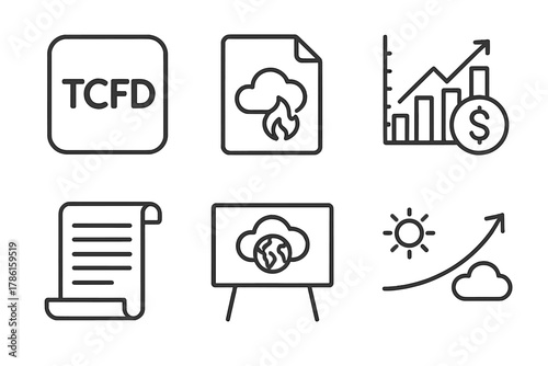 Climate Disclosure Icons. Line style icons of climate-related financial disclosure: TCFD icon, climate risk file, financial