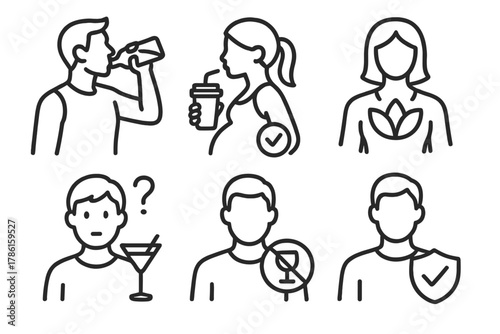User Profile Icons. Line style icons of user profiles: athlete drinking zero brew, pregnant woman with safe drink, wellness seeker