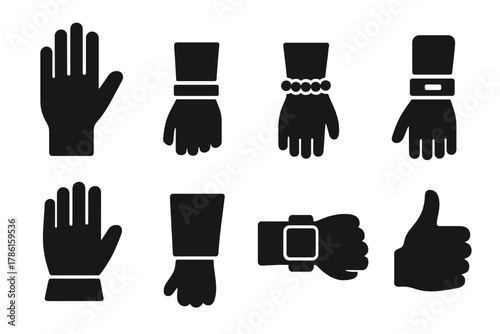Wrist Accessories Icons. Solid style icons of wrists: hand, wristband, bracelet, strap buckle, glove, sleeve, smartwatch on wrist,