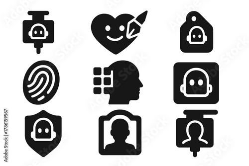 Identity Ink Icons. Solid style icons of identity-based ink: personal AI avatar ink, emotion signature symbol, digital twin tag.