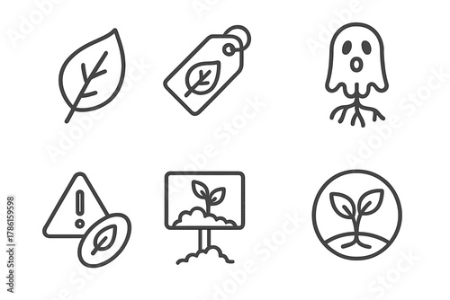 Ethnobotanical Icon Set. Line style icons of endangered ethnobotanical species: threatened leaf icon, conservation tag, extinct
