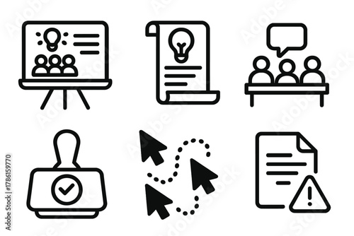 Crowdsourced Scriptwriting Icons. Line style icons of Crowdsourced Scriptwriting: collaborative whiteboard icon, idea history