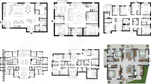 Six architectural floor plans including one colored rendering