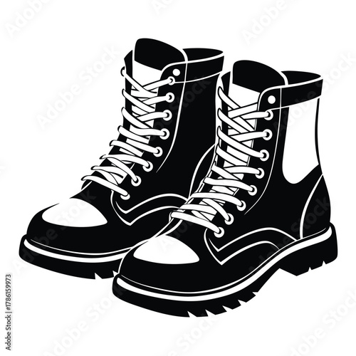 military combat boot black and white silhouette on white background