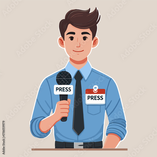 Flat illustration of a young journalist holding a microphone during a press conference