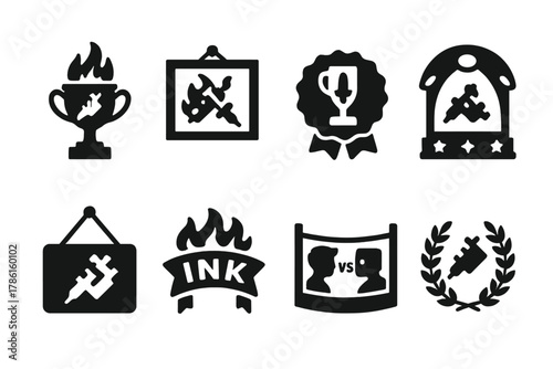 Tattoo Contest Icons. Solid style icons of tattoo contests and showcases: digital ink trophy, AI ink gallery icon, best design