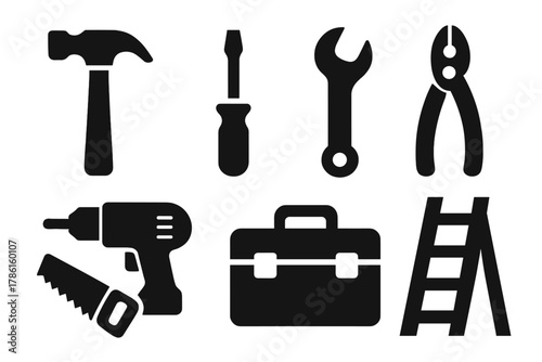 Tool Library Icons. Solid style icons of tool library shared resources: hammer, screwdriver, wrench, pliers, drill, saw, toolbox,