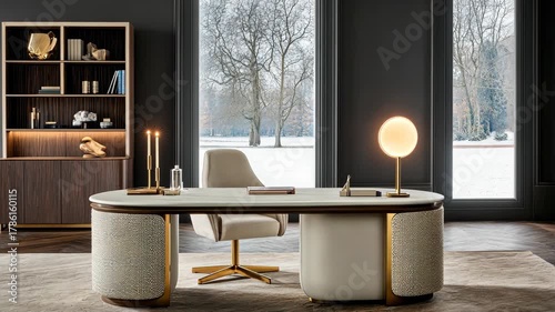 Explore a stylish home office featuring modern furniture, soft lighting, and a peaceful winter view through large windows