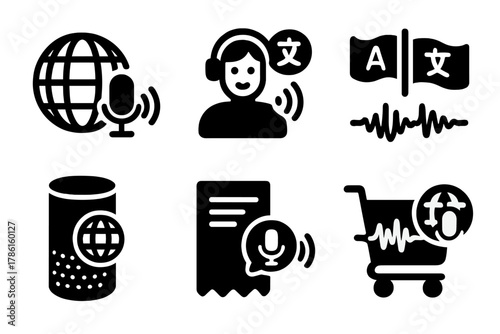 Multilingual Voice Commerce Icons. Solid style icons of multilingual voice commerce: globe with voice icon, multilingual assistant