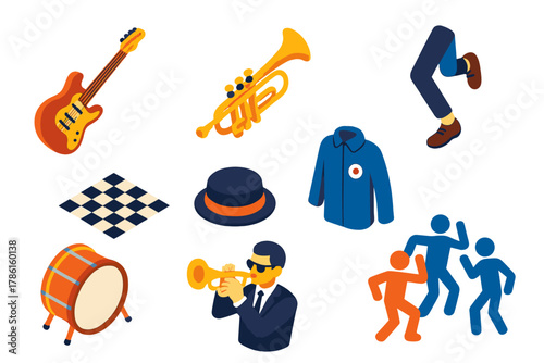 Ska Music Icons. Isometric vector illustration set Musical genres – ska guitar, offbeat horn, skanking legs; checkerboard pattern,