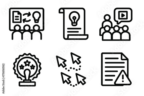Crowdsourced Scriptwriting Icons. Line style icons of Crowdsourced Scriptwriting: collaborative whiteboard icon, idea history