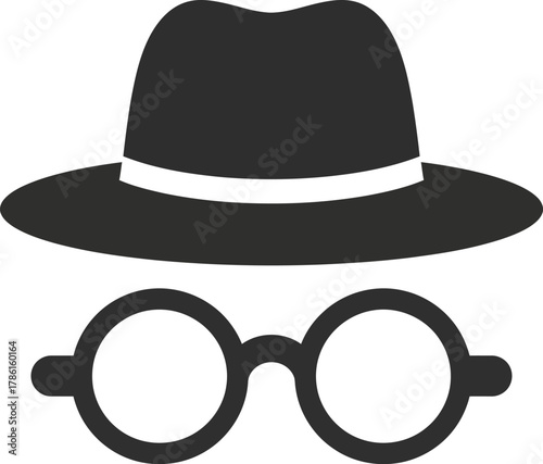 A classic disguise of a black fedora hat with a white band and round eyeglasses, representing a spy or detective.