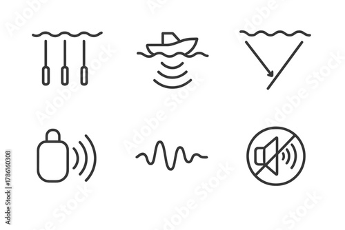 Marine Acoustics Icons. Line style icons of marine acoustics: hydrophone array, sonar pulse wave, sound propagation path, acoustic