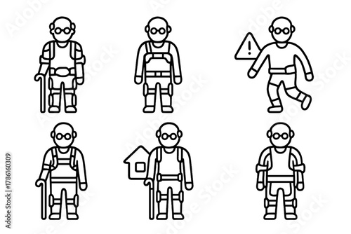 Exosuit Line Icons. Line style icons of aging support exosuits: elderly mobility brace, daily life assistance suit,