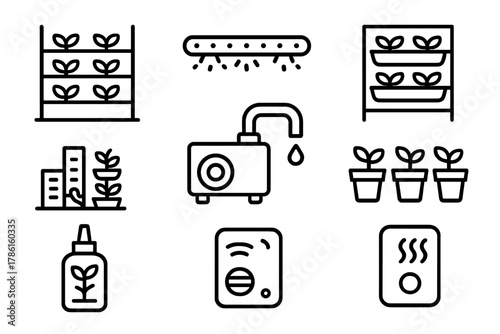 Vertical Farming Icons. Line style icons of Vertical Farm: Hydroponic Rack, LED Strip, Vertical Trays, City Agriculture, Water