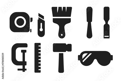 DIY Tools Icons. Solid style icons of DIY tools: tape measure, utility knife, paintbrush, chisel, clamp, ruler, mallet, safety