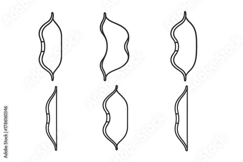 Horseback Bow Icons. Line style icons of bow types used on horseback: short reflex bow, composite bow icon, sinew-backed bow, horn