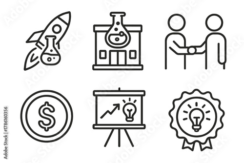 Fermentation Startup Icons. Line style icons of fermentation startups: launch rocket with flask, startup lab building, co-founder
