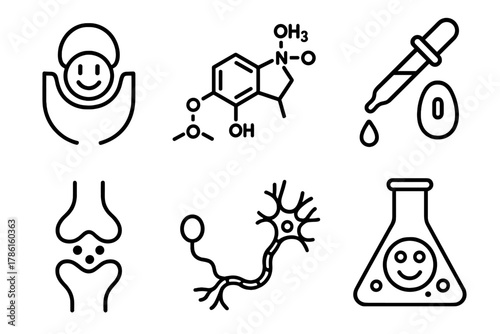 Psychedelic Chemistry Icons. Line style icons of psychedelic compounds and chemistry: serotonin receptor binding, molecular