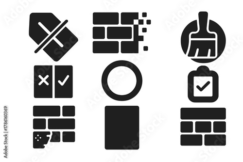 Preservation vs Erasure Icons. Solid style icons of preservation vs erasure dynamics: crossed-out tag glyph, fading wall icon,