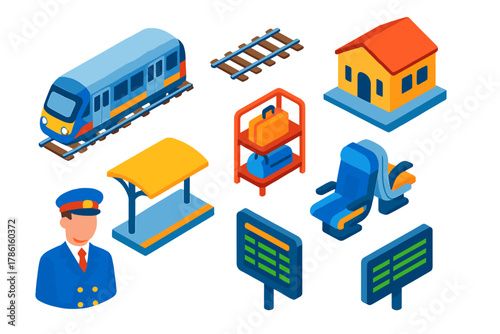 Colorful Train Station Icons. Isometric vector illustration set Public transportation – commuter train, rail tracks, station
