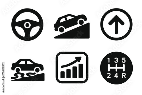 Slope Driving Icons. Solid style icons of slope driving challenges: steering wheel glyph, car control icon, motion badge. Hill