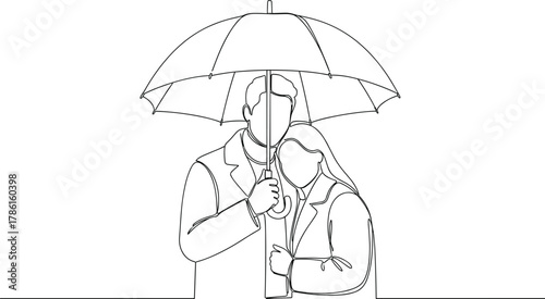 Minimalist line art, couple under umbrella, romantic moment, rainy day, emotional connection, continuous drawing, love, intimacy, silhouette, tenderness