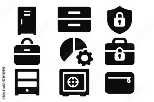 Solid Storage Icons. Solid style icons of personal storage modules: locker glyph, magnetic drawer icon, privacy badge. Luggage