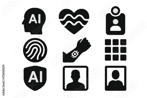 Identity Ink Icons. Solid style icons of identity-based ink: personal AI avatar ink, emotion signature symbol, digital twin tag.