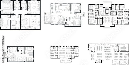 Set of architectural floor plans illustrating diverse building configurations and room arrangements