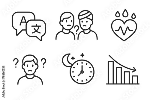 Voluntourism Challenge Icons. Line style icons of challenges in voluntourism: language barrier icon, cultural misunderstanding