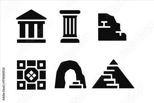 Ancient Ruins Icons. Solid style icons of ancient ruins: temple, column, archway, wall fragment, mosaic, cave, stone steps,