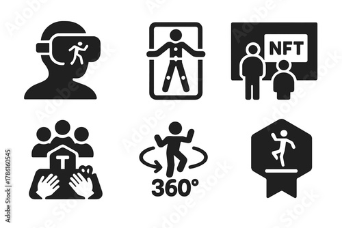 Immersive NFT Icons. Solid style icons of immersive NFT experience: VR headset with dance loop, motion-captured NFT avatar, NFT