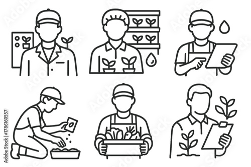 Indoor Farm Workers Icons. Line style icons of indoor farm workers: farm technician, hydroponics specialist, grower with tablet,