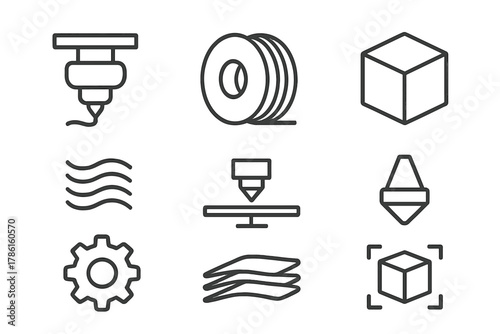 3D Printing Icons. Line style icons of 3D Printing: Printer Head, Filament Spool, 3D Object, Layered Structure, Print Platform,