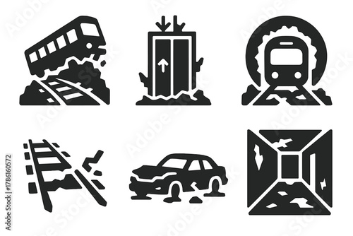 Transportation Wreck Icons. Solid style icons of transportation wrecks: train ruin glyph, elevator drop icon, rusted track badge.
