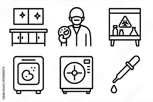 Biotech Lab Icons. Line style icons of biotech lab environment: sterile lab icon, scientist with petri dish, biosafety cabinet,