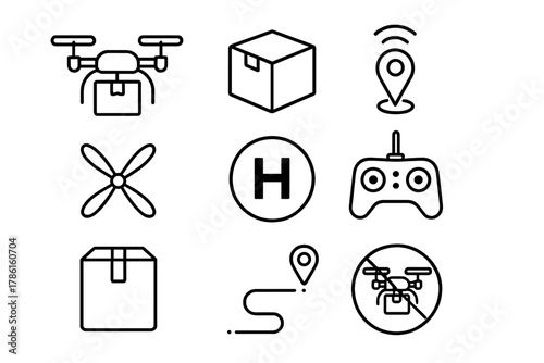 Drone Delivery Icons. Line style icons of Drone Delivery: Delivery Drone, Package, Landing Pad, GPS Signal, Rotor Blades,