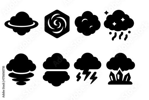 Alien Cloud Icons. Solid style icons of alien cloud types: ring clouds, hexagonal storms, reflective vapor. Bioluminescent mist,