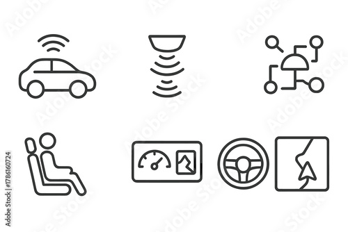 Autonomous Vehicle Icons. Line style icons of Autonomous Vehicle: Self-Driving Vehicle, Lidar, Sensor Suite, Algorithm, Passenger,
