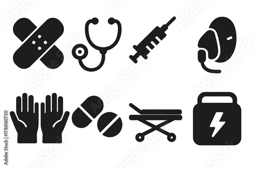 First Aid Icons. Solid style icons of first aid response: bandage, stethoscope, syringe, oxygen mask, gloves, pills, stretcher,