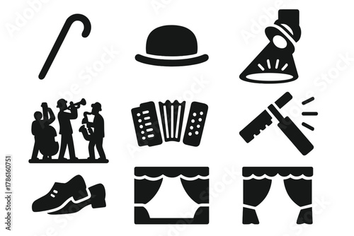 Vaudeville Icons Collection. Solid style icons of Vaudeville Tradition: dancing cane, bowler hat, spotlight stage, jazz band,