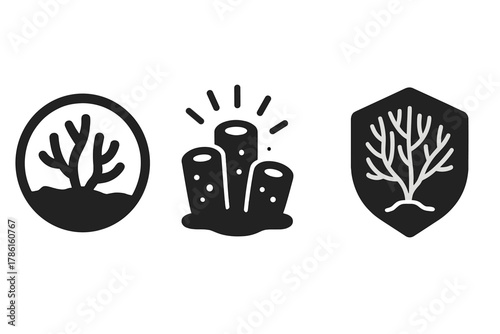 Reef Zone Icons. Solid style icons of reef and glow zones: coral shelf glyph, glowing sponge icon, sea fan badge. Zone marker ring