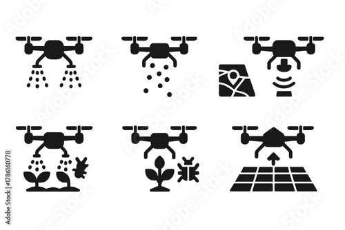 Agricultural Drone Icons. Solid style icons of Agricultural Drones: crop spraying, seed dropping, field mapping, soil sensor,