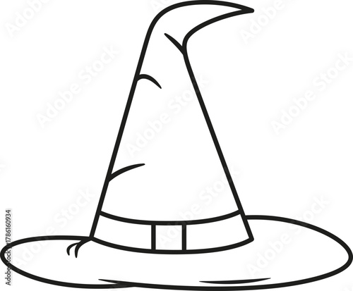 A simple, outline illustration of a classic pointed witch's hat with a wide brim and a decorative band.