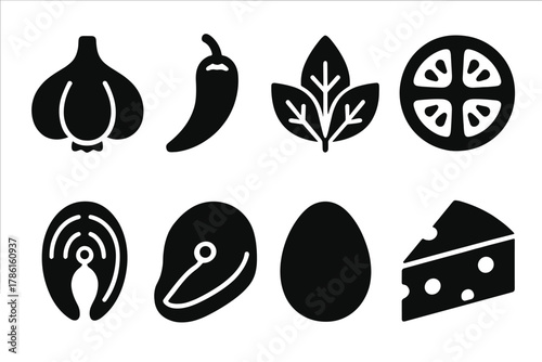 Solid Ingredient Icons. Solid style icons of Ingredient Icons: garlic bulb, chili pepper, basil leaf, tomato slice, fish fillet,